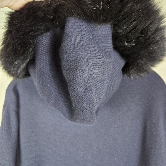 VTG St John Women Cashmere Cardigan Sweater Fox Fur Trim Hood Zip Jacket M Black - Picture 10 of 16